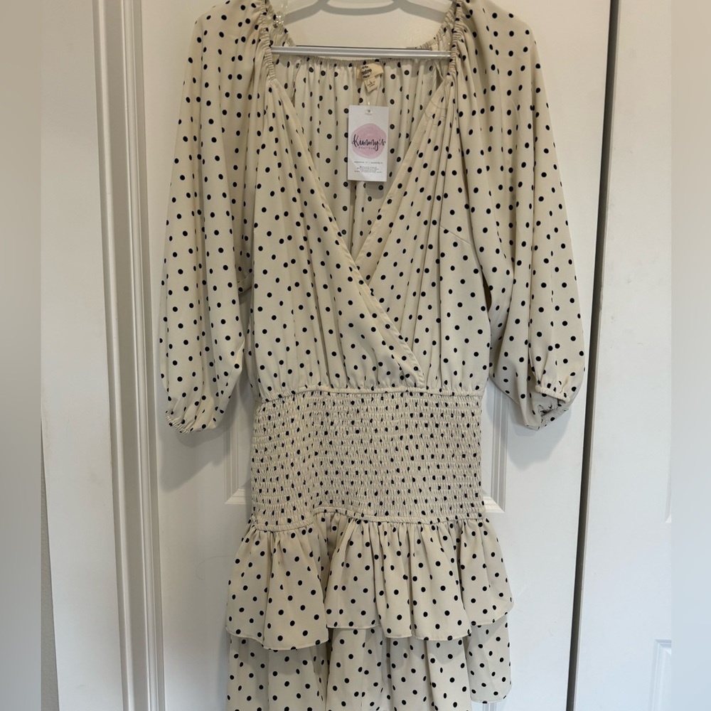 BRAND NEW crème and black polka dot ruffle dress by Etro. Balloon sleeve.